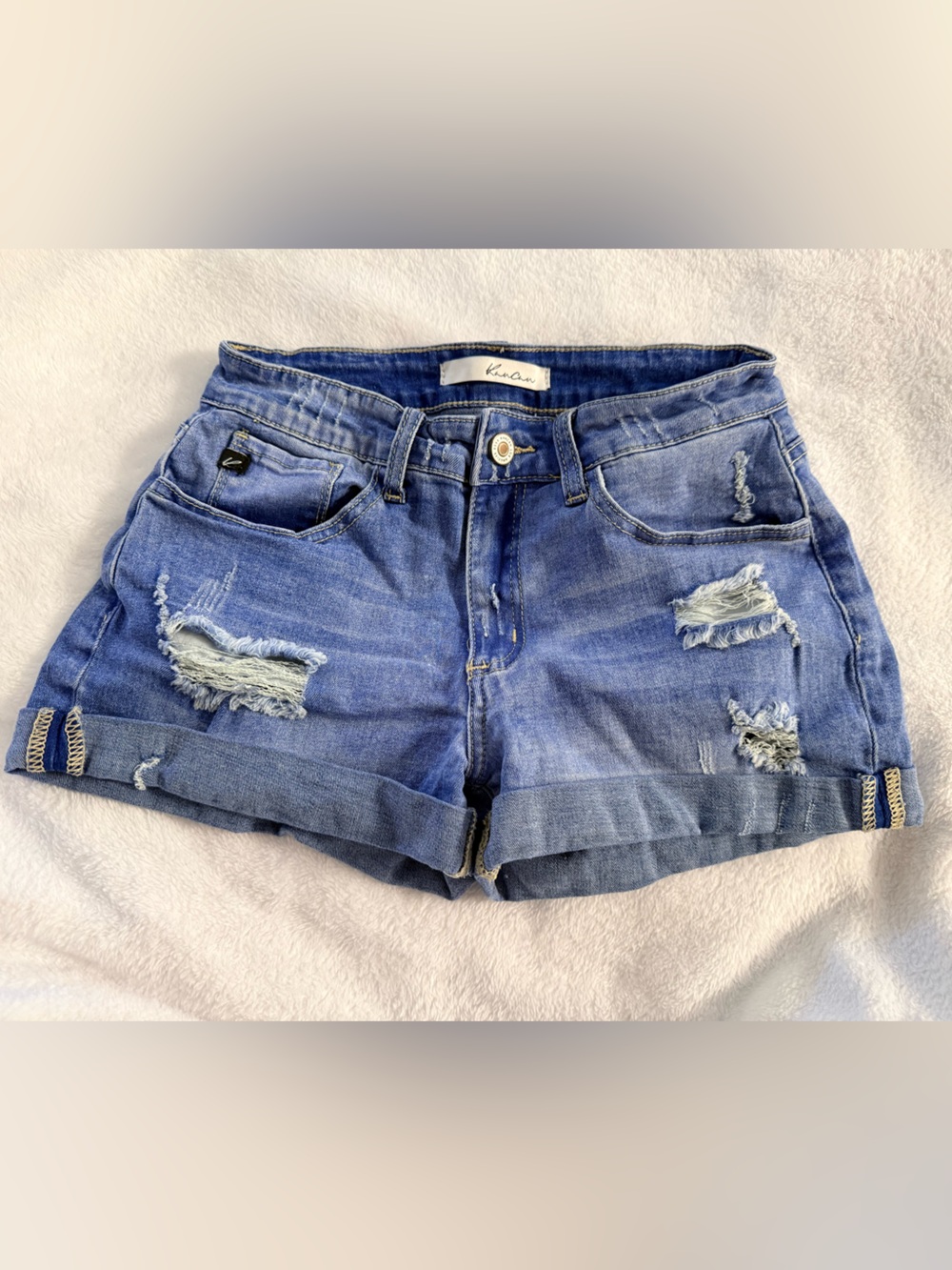 KanCan Medium Blue Distressed Rolled Hem Jean Shorts